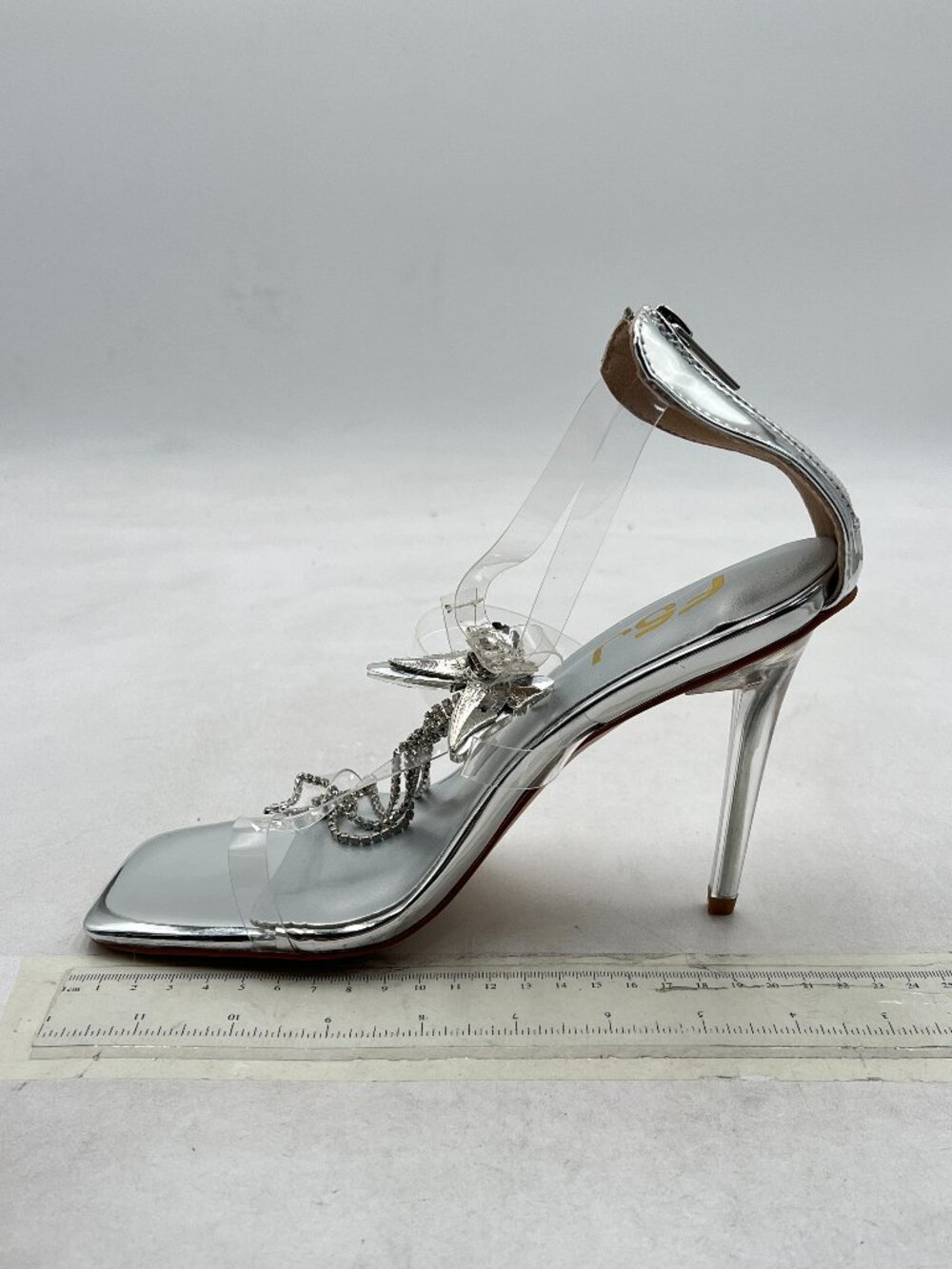 FSJ Silver Open Square Toe Rhinestone Triple Strappy Flared Heel Clear Sandals
